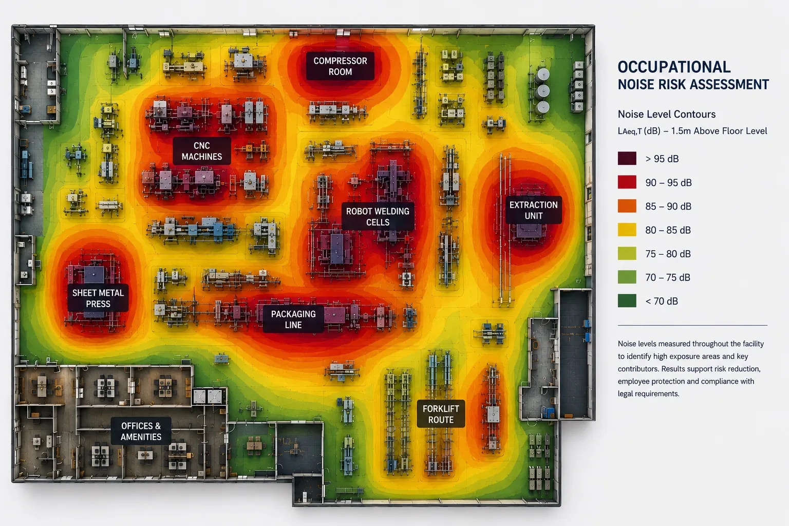 Occupational noise risk assessment heat map of a factory floor
